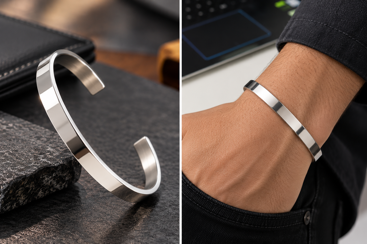 Brazalete Abierto de Acero Inoxidable Plateado – Estilo Vintage