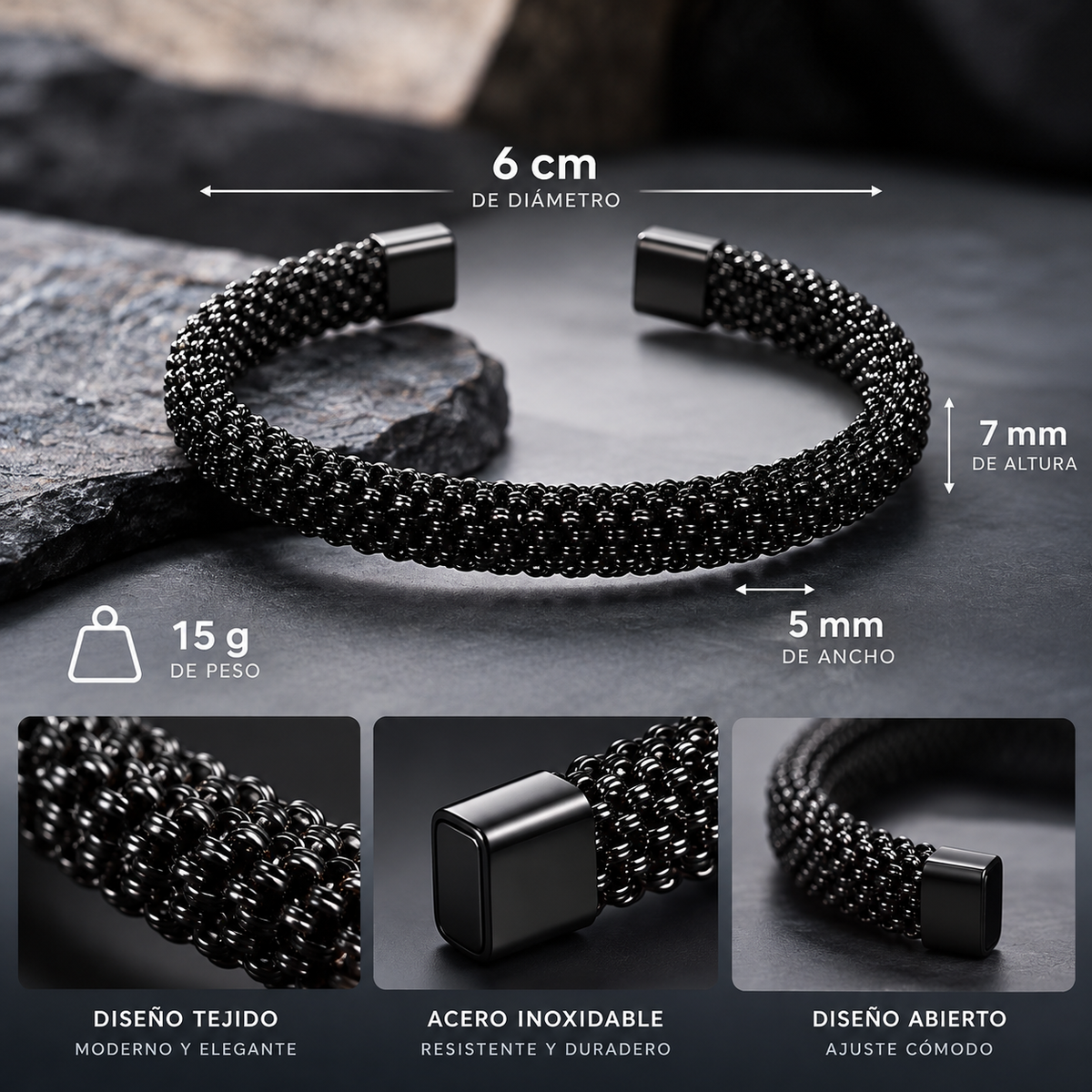 Brazalete Trenzado Negro de Acero Inoxidable para Hombre
