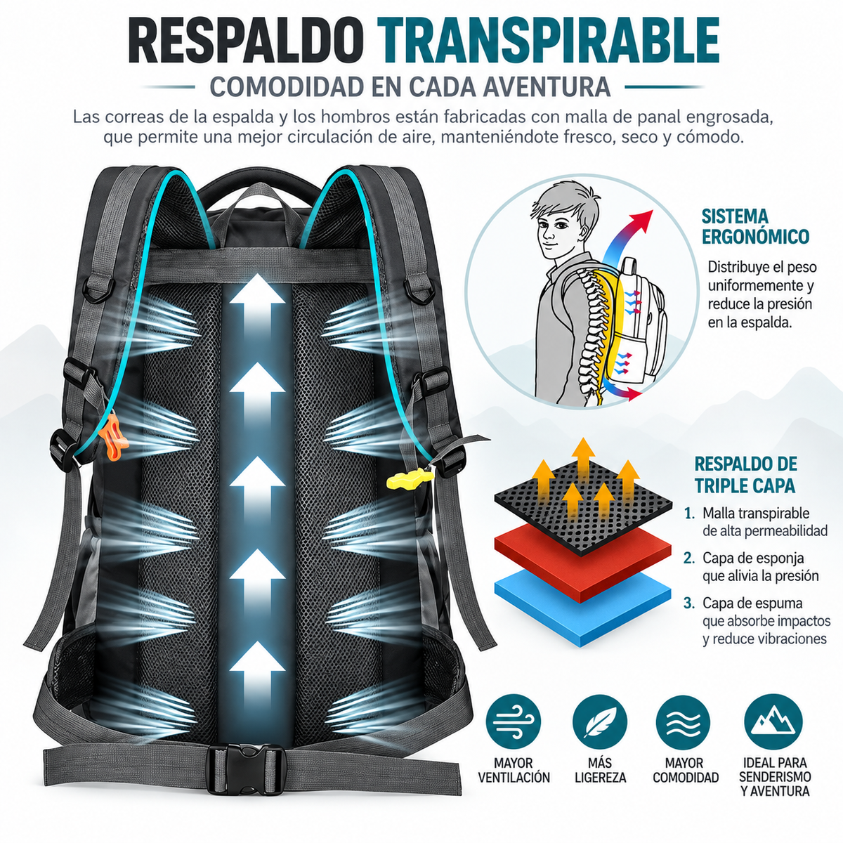 Mochila de Senderismo 60L+5 Todo Terreno
